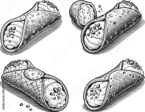 Vintage engraved cannoli dessert icon set featuring detailed crispy shells, creamy filling texture and classic Italian style