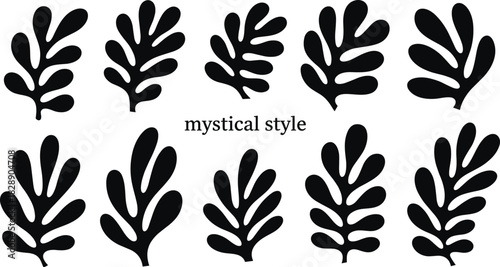 Mystical abstract leaf shapes, black botanical silhouettes, fantasy foliage design, modern nature elements, decorative plant icons, minimal organic illustration set