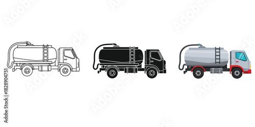 Three styles of tank trucks line art, solid black silhouette, and colored illustration