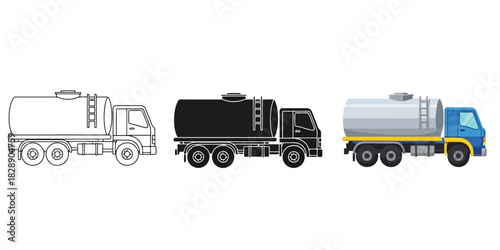 Three variations of a tanker truck illustration, including an outline, a black silhouette, and a colorful version