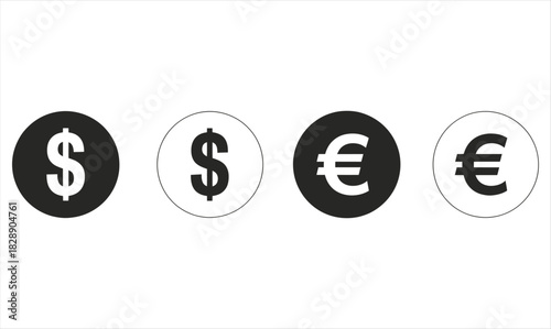 Two dollar signs and two euro symbols are displayed against white backgrounds