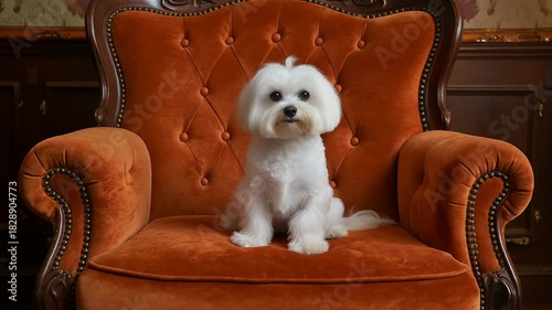 Maltese dog sits primly on a rust-colored tufted velvet chair