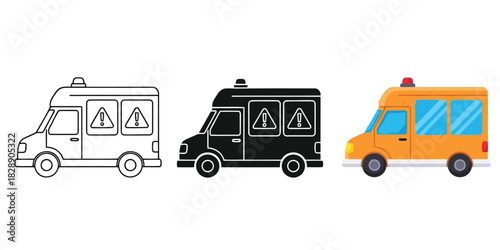 Utility service vans in outline, silhouette, and colorful cartoon styles, featuring warning signs