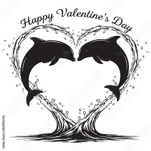 Happy Valentine's Day greeting card with two dolphins jumping to form a heart shape with water splash. Black and white vector illustration.