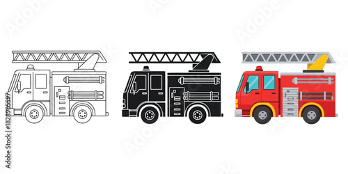 Three fire trucks in outline, silhouette, and colorful flat design styles, depicted sidebyside