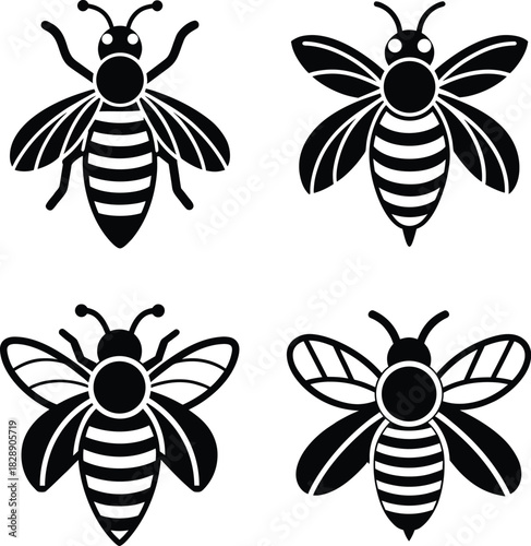 A set of simple black and white vector silhouette icon of a Bee