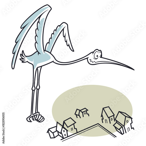Puzzled stork in sky above houses.