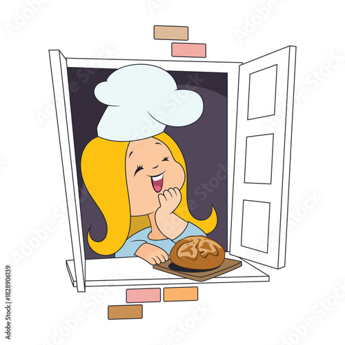 Cheerful cartoon baker girl at window.