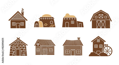 Set of various farm buildings and houses.