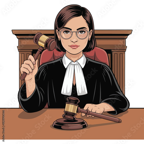 A stern judge presides over the courtroom, holding a gavel.