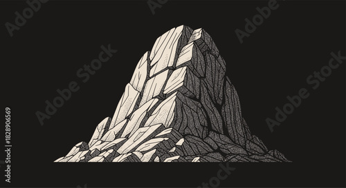 A stylized illustration of a jagged mountain peak rendered in a minimalist, vintage art style with stippled shading.