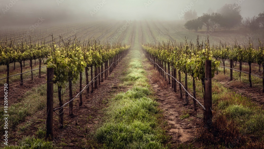 Fototapeta premium Vineyard Rows Vanish into Misty Morning Valley Vista