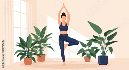 Woman doing a yoga tree pose at home with plants and sunlight streaming in.