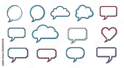 Collection of diverse cartoon speech bubbles and thought clouds in various shapes and colors.