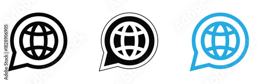 Engage globally with these modern world globe icons featuring stylish chat bubble design elements perfect for modern communication concepts