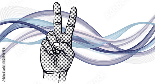 Hand making the peace sign in front of abstract blue and purple wavy lines.