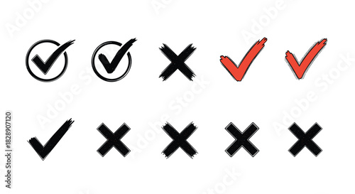 Collection of hand-drawn checkmarks and crosses in black and red, symbolizing choices.