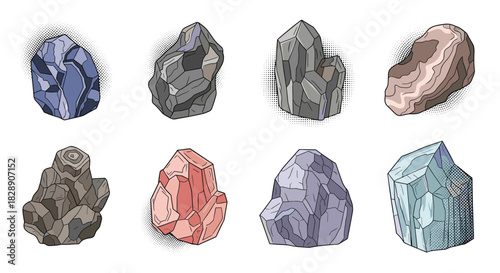 Collection of eight colorful and distinct mineral and crystal illustrations on a white background.