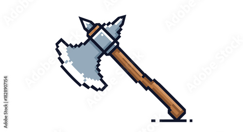 Pixel art illustration of a medieval battle axe with a wooden handle on a white background.