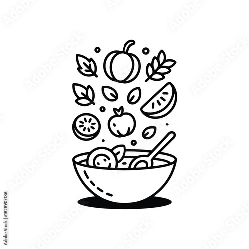 A healthy bowl of fresh ingredients is prepared with a spoon.