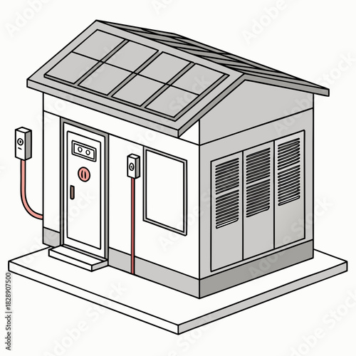 Modern minimalist house with solar panels on the roof and electrical outlets on the exterior walls