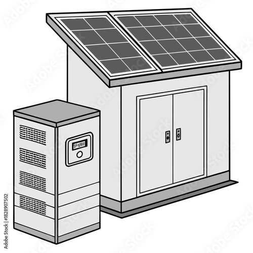 Illustration of a small building with solar panels on the roof and an electrical inverter unit outside