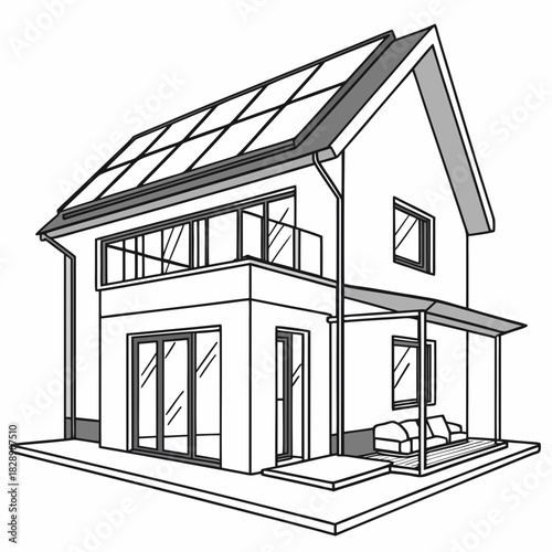 Modern house with solar panels on the roof and a covered patio with outdoor seating