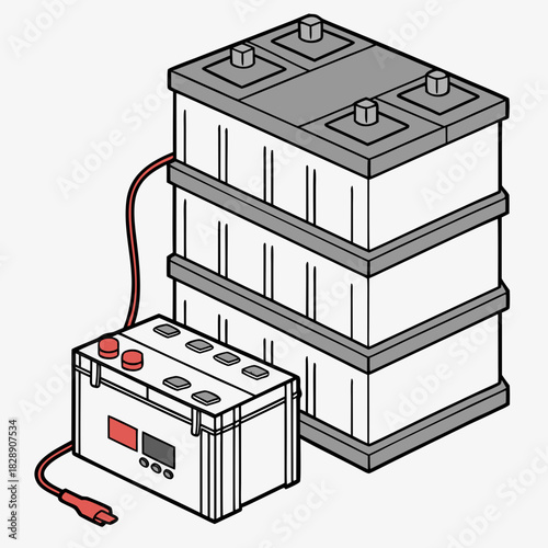Illustration of a stack of car batteries and a single battery connected by cables for charging or power