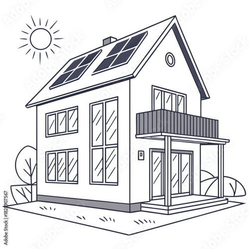 Modern house with solar panels on the roof and a balcony under a bright sun