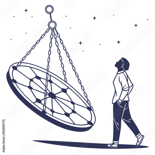 Person looking up at a large circular structure suspended by chains against a starry night sky