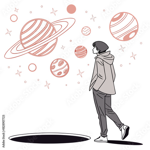 Young person walks towards a black hole surrounded by planets and stars in a dreamlike cosmic landscape