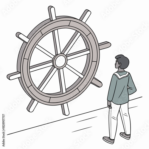 Man stands before a large ship s steering wheel contemplating the direction of his journey