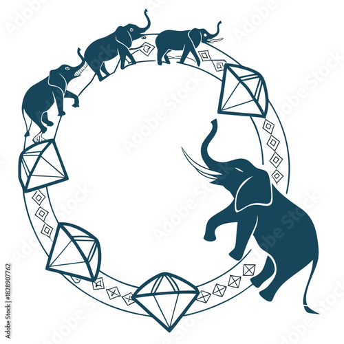 Stylized dark blue elephants and diamonds forming a circular pattern on white background