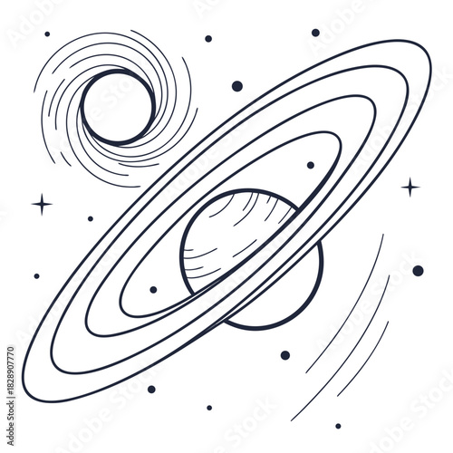 Stylized abstract line art depicting a ringed planet and a swirling black hole in deep space