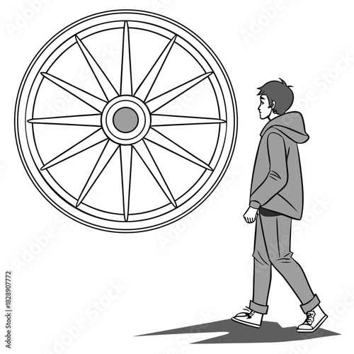 Young man walking towards a large stylized wheel representing destiny or opportunity