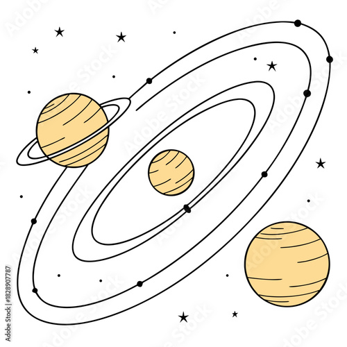 Stylized illustration of a solar system with planets orbiting a central star and distant stars in the background