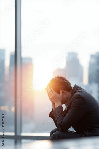 Stressed corporate professional in grey suit standing near window with head in hands, feeling burnout and despair in bright modern office environment