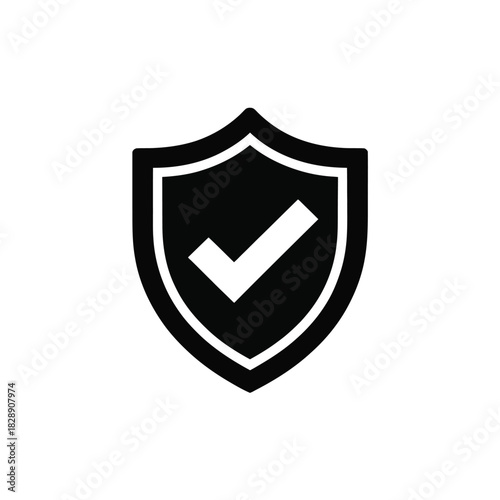 A black shield icon with a white checkmark inside, signifying security and approval.