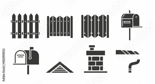 Home exterior elements set, fence, mailbox, roof, chimney, gutter.