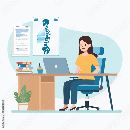 Woman sitting at desk with laptop. Office worker illustration. Vector graphic. Business professional. Workspace setup. Female employee. Modern office. Desk with laptop and books. White