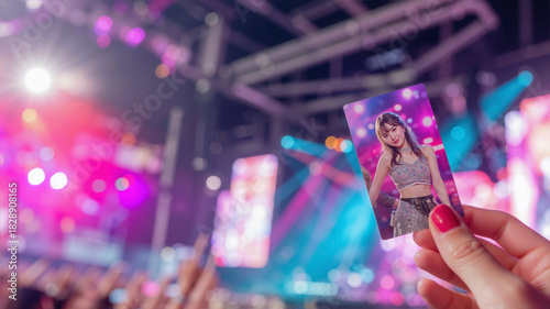 First-person POV of thumb holding matte female idol photocard, tightly focused on nail against a blurry wash of vibrant magenta and cyan concert stage lights.