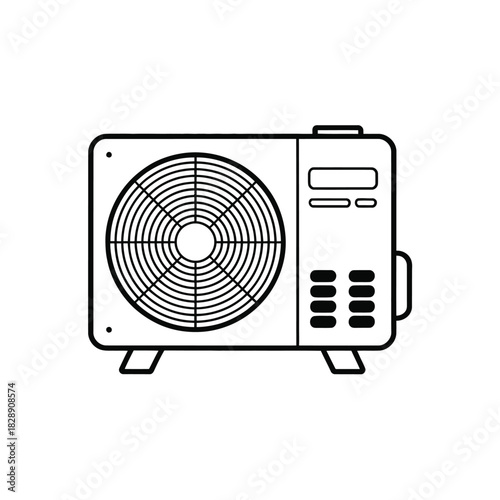 A line drawing depicts an air conditioning unit with a fan and vents.
