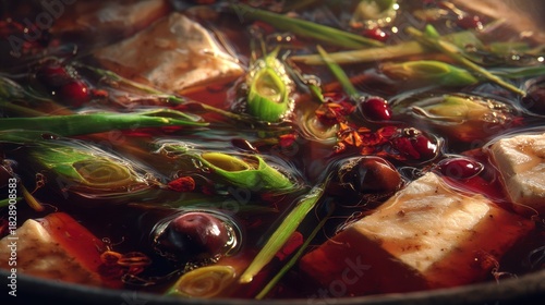 Fototapeta Naklejka Na Ścianę i Meble -  Chiaroscuro Feast - A Rustic, Hearty Stew Simmering with Glistening Berries.