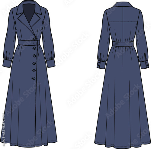 Navy maxi shirt dress technical flat sketch with collar, wrap front, and belted waist, front and back view vector.