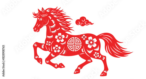 Symbolic Red Horse Silhouette with Floral Details, a Chinese Zodiac Design