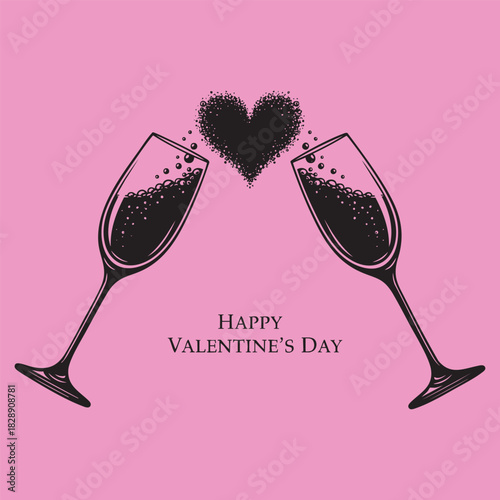 Two Champagne Glasses Toasting with Heart Shaped Splash, Romantic Happy Valentine's Day Vector Illustration on Pink Background