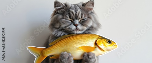 A fluffy grey cat holding a large golden fish. Funny pet with a happy and content expression. Cute animal and food concept with copy space