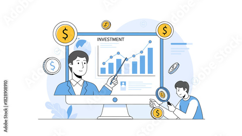 Man explains financial growth on screen, representing investment and data analysis.