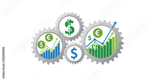 A conceptual illustration depicts financial growth and global currency exchange, featuring gears with dollar, euro, and yen symbols, alongside rising bar graphs, symbolizing economic progress and