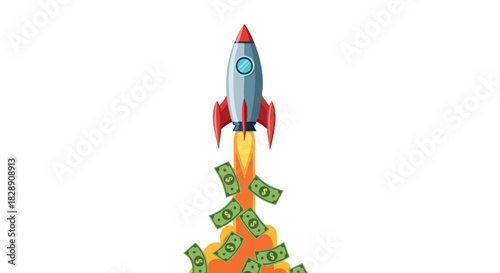 A cartoon rocket ship blasts off, spewing dollar bills as it ascends, symbolizing financial growth, investment, and business success against a clean white background.